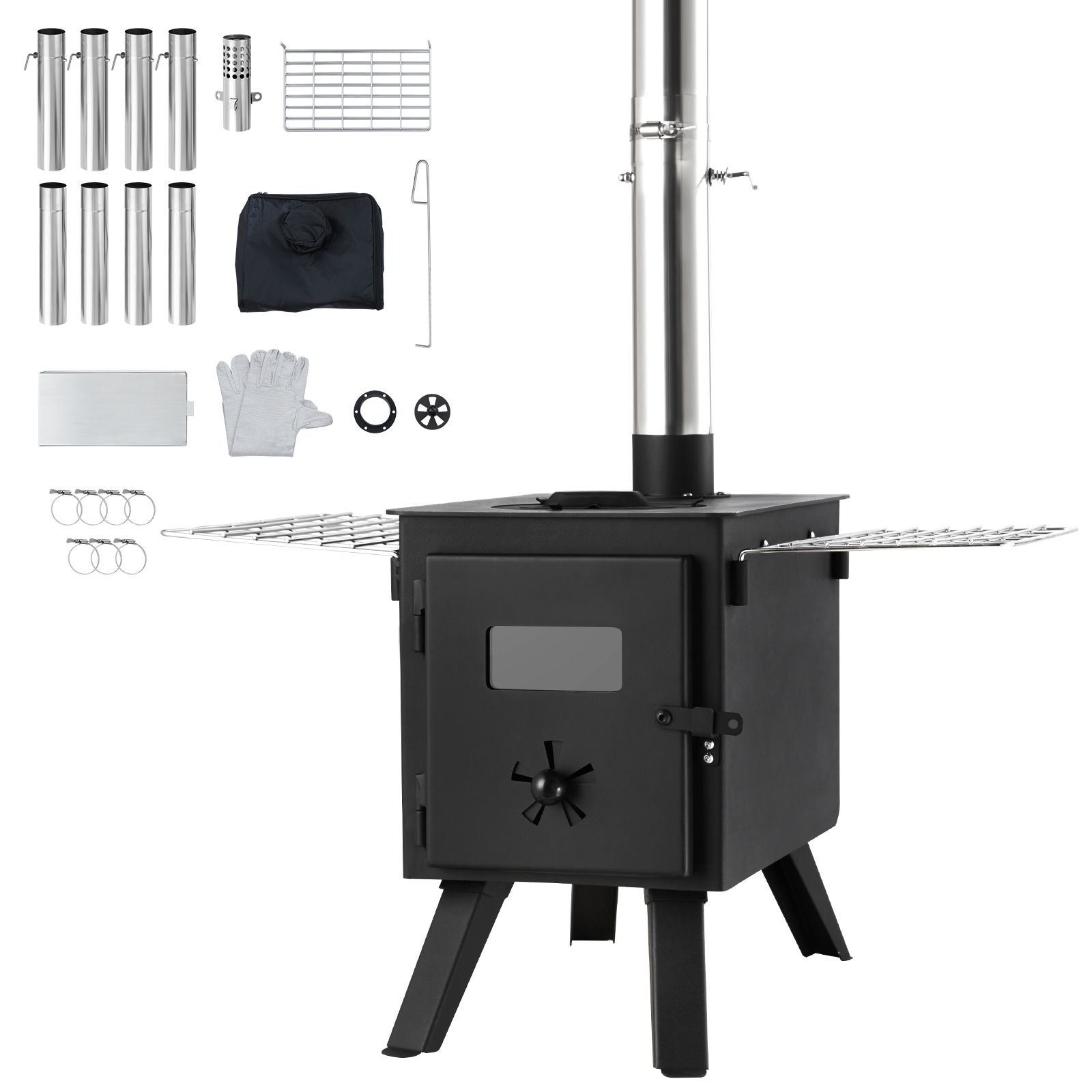wood stove, 86 inch, alloy steel camping tent stove, portable wood burning stove with chimney pipes & gloves, 1400in³firebox hot tent stove for outdoor cooking and heating with 8 pipes