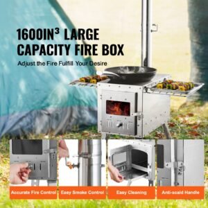 wood stove, 86 inch, stainless steel camping tent stove, portable wood burning stove with chimney pipes & gloves, 1646in³firebox hot tent stove for outdoor cooking and heating with 8 pipes