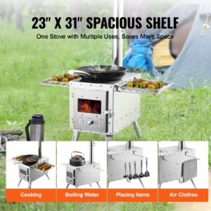 wood stove, 86 inch, stainless steel camping tent stove, portable wood burning stove with chimney pipes & gloves, 1646in³firebox hot tent stove for outdoor cooking and heating with 8 pipes