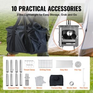 wood stove, 86 inch, stainless steel camping tent stove, portable wood burning stove with chimney pipes & gloves, 1646in³firebox hot tent stove for outdoor cooking and heating with 8 pipes
