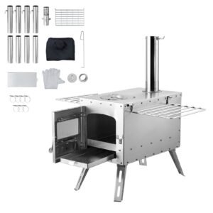 Wood Stove, 86 inch, Stainless Steel Camping Tent Stove, Portable Wood Burning Stove with Chimney Pipes & Gloves, 1646in³Firebox Hot Tent Stove for Outdoor Cooking and Heating with 8 Pipes