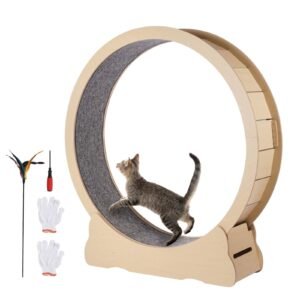 wooden cat exercise wheel, 52" large cat treadmill wheel for indoor cats, cat running wheel with detachable carpet & cat teaser for running/walking/training, suitable for most cats