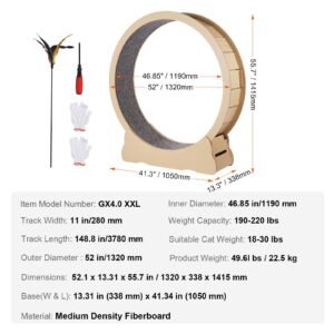 wooden cat exercise wheel, 52" large cat treadmill wheel for indoor cats, cat running wheel with detachable carpet & cat teaser for running/walking/training, suitable for most cats