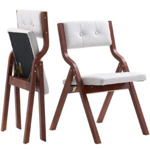 Wooden Folding Chairs with Cushion, Set of 2, Portable Foldable Cushion Chair with Wooden Frame, Modern Padded Dining Chair for Kitchen, Office, Wedding, Party, Dining Room, Easy Assembly, White