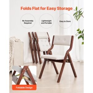 wooden folding chairs with cushion, set of 2, portable foldable cushion chair with wooden frame, modern padded dining chair for kitchen, office, wedding, party, dining room, easy assembly, white