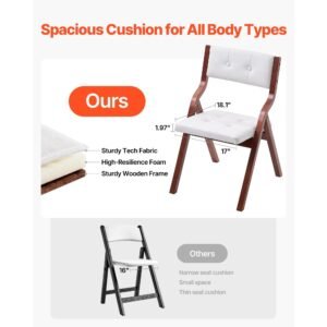 wooden folding chairs with cushion, set of 4, portable foldable cushion chair with wooden frame, modern padded dining chair for kitchen, office, wedding, party, dining room, easy assembly, white