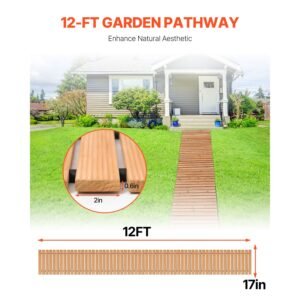 wooden garden pathway, 12 ft l x 17 in w, non slip straight garden walkway, roll out cedar outdoor walkway path with wire rope connection, decorative garden paver for backyard wedding party