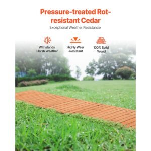wooden garden pathway, 12 ft l x 17 in w, non slip straight garden walkway, roll out cedar outdoor walkway path with wire rope connection, decorative garden paver for backyard wedding party