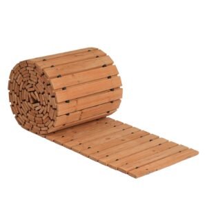 wooden garden pathway, 24 ft l x 17 in w, non slip straight garden walkway, roll out cedar outdoor walkway path with wire rope connection, decorative garden paver for backyard wedding party