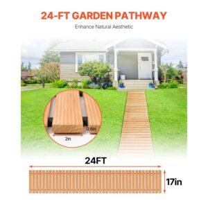 wooden garden pathway, 24 ft l x 17 in w, non slip straight garden walkway, roll out cedar outdoor walkway path with wire rope connection, decorative garden paver for backyard wedding party
