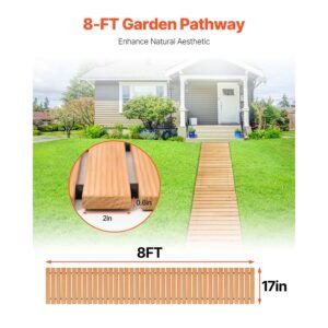 wooden garden pathway, 8 ft l x 17 in w, non slip straight garden walkway, roll out cedar outdoor walkway path with wire rope connection, decorative garden paver for backyard wedding party