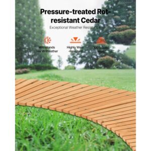 wooden garden pathway, 8 ft x 17 in, non slip curved garden walkway, roll out cedar outdoor walkway path with wire rope connection, decorative lawn paver for backyard boardwalk wedding party