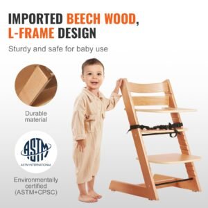 wooden high chair for babies & toddlers, convertible adjustable feeding chair, eat & grow high chair with tray, grow with kid portable baby dining booster seat, beech wood toddler chair, natural