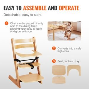 wooden high chair for babies & toddlers, convertible adjustable feeding chair, eat & grow high chair with tray, grow with kid portable baby dining booster seat, beech wood toddler chair, natural