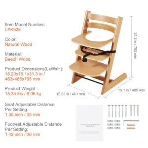 wooden high chair for babies & toddlers, convertible adjustable feeding chair, eat & grow high chair with tray, grow with kid portable baby dining booster seat, beech wood toddler chair, natural
