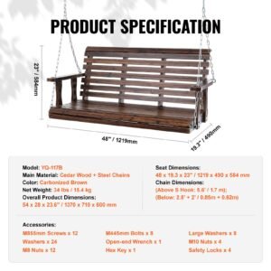 wooden porch swing 4.5 ft, patio bench swing for courtyard & garden, upgraded 880 lbs strong load capacity, heavy duty swing chair bench with hanging chains for outdoors, carbonized brown