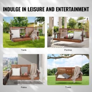 wooden porch swing 5 ft, patio bench swing for courtyard & garden, upgraded 880 lbs strong load capacity, heavy duty swing chair bench with hanging chains for outdoors, brown