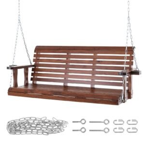 wooden porch swing 5.5 ft, patio bench swing for courtyard & garden, upgraded 880 lbs strong load capacity, heavy duty swing chair bench with hanging chains for outdoors, brown