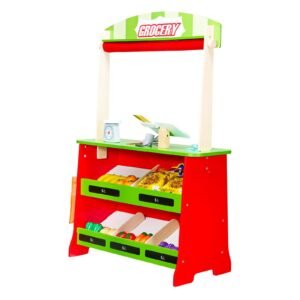 wooden puppet theater with curtains, 2 in 1 reversible play store, double sided grocery store playset with chalkboard & cash register, kids pretend play market stand, gift for boys & girls