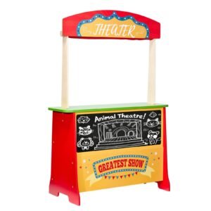 wooden puppet theater with curtains, 2 in 1 reversible play store, double sided grocery store playset with chalkboard & cash register, kids pretend play market stand, gift for boys & girls