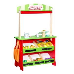 wooden puppet theater with curtains, 2 in 1 reversible play store, double sided grocery store playset with chalkboard & cash register, kids pretend play market stand, gift for boys & girls