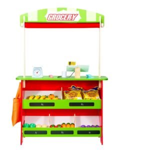 Wooden Puppet Theater with Curtains, 2-in-1 Reversible Play Store, Double-Sided Grocery Store Playset with Chalkboard & Cash Register, Kids Pretend Play Market Stand, Gift for Boys & Girls