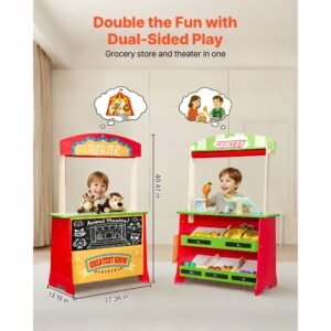 wooden puppet theater with curtains, 2 in 1 reversible play store, double sided grocery store playset with chalkboard & cash register, kids pretend play market stand, gift for boys & girls