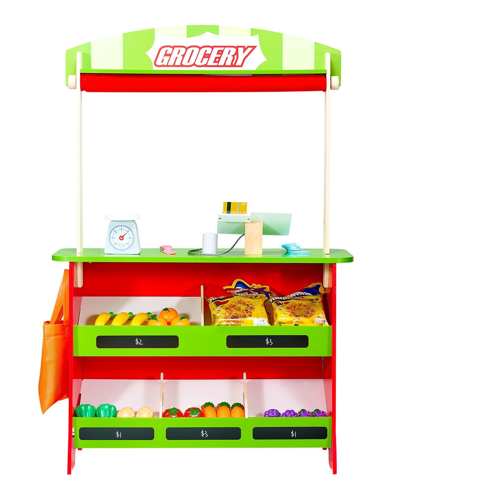 wooden puppet theater with curtains, 2 in 1 reversible play store, double sided grocery store playset with chalkboard & cash register, kids pretend play market stand, gift for boys & girls