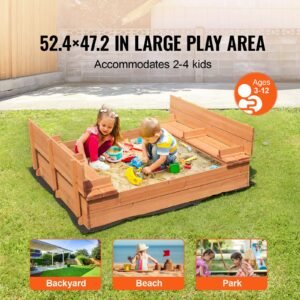 wooden sandbox, 52.4 x 47.2 x 16.9 in sand box, sand pit with foldable bench seats and bottom liner, natural wood kids sandbox for outdoor backyard, beach, park, gift for boys girls ages 3 12