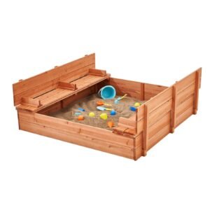 Wooden Sandbox, 52.4 x 47.2 x 16.9 in Sand Box, Sand Pit with Foldable Bench Seats and Bottom Liner, Natural Wood Kids Sandbox for Outdoor Backyard, Beach, Park, Gift for Boys Girls Ages 3-12