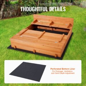 wooden sandbox, 52.4 x 47.2 x 16.9 in sand box, sand pit with foldable bench seats and bottom liner, natural wood kids sandbox for outdoor backyard, beach, park, gift for boys girls ages 3 12