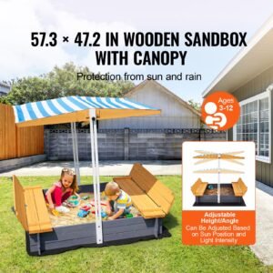 wooden sandbox with canopy, 57.3 x 47.2 x 47.2 in sand box, sand pit with foldable bench seats and bottom liner, natural wood kids sandbox for outdoor backyard, beach, park, gift for ages 3 12