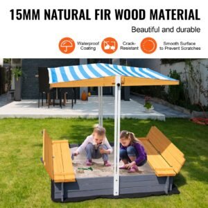 wooden sandbox with canopy, 57.3 x 47.2 x 47.2 in sand box, sand pit with foldable bench seats and bottom liner, natural wood kids sandbox for outdoor backyard, beach, park, gift for ages 3 12