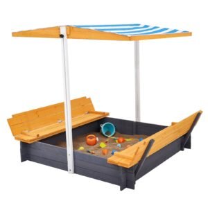 Wooden Sandbox with Canopy, 57.3 x 47.2 x 47.2 in Sand Box, Sand Pit with Foldable Bench Seats and Bottom Liner, Natural Wood Kids Sandbox for Outdoor Backyard, Beach, Park, Gift for Ages 3-12