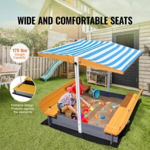 wooden sandbox with canopy, 57.3 x 47.2 x 47.2 in sand box, sand pit with foldable bench seats and bottom liner, natural wood kids sandbox for outdoor backyard, beach, park, gift for ages 3 12