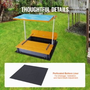wooden sandbox with canopy, 57.3 x 47.2 x 47.2 in sand box, sand pit with foldable bench seats and bottom liner, natural wood kids sandbox for outdoor backyard, beach, park, gift for ages 3 12