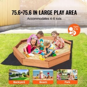 wooden sandbox with cover, 75.6 x 75.6 x 9.1 in octagonal sand box, sand pit with 4 seating and bottom liner, kids sandbox for outdoor backyard, beach, park, gift for boys girls ages 3 12