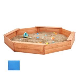 Wooden Sandbox with Cover, 75.6 x 75.6 x 9.1 in Octagonal Sand Box, Sand Pit with 4 Seating and Bottom Liner, Kids Sandbox for Outdoor Backyard, Beach, Park, Gift for Boys Girls Ages 3-12