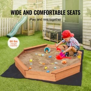 wooden sandbox with cover, 75.6 x 75.6 x 9.1 in octagonal sand box, sand pit with 4 seating and bottom liner, kids sandbox for outdoor backyard, beach, park, gift for boys girls ages 3 12