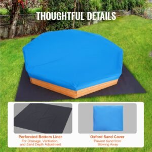 wooden sandbox with cover, 75.6 x 75.6 x 9.1 in octagonal sand box, sand pit with 4 seating and bottom liner, kids sandbox for outdoor backyard, beach, park, gift for boys girls ages 3 12
