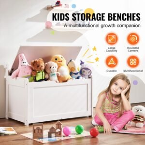 wooden toy chest for kids, toddler toy storage box with flip top lid and safety hinge, 32.68 x 17.91 x 24.02" large kids storage bench for playroom, bedroom, living room or entryway, white