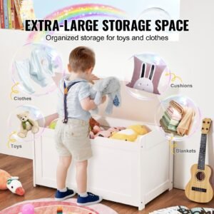 wooden toy chest for kids, toddler toy storage box with flip top lid and safety hinge, 32.68 x 17.91 x 24.02" large kids storage bench for playroom, bedroom, living room or entryway, white