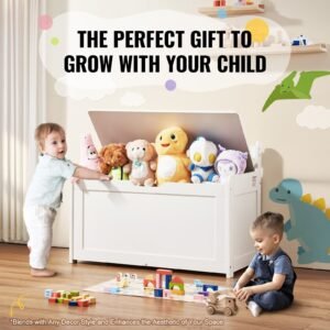 wooden toy chest for kids, toddler toy storage box with flip top lid and safety hinge, 32.68 x 17.91 x 24.02" large kids storage bench for playroom, bedroom, living room or entryway, white