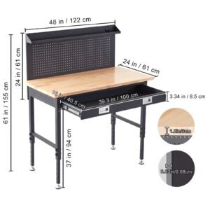 workbench adjustable height 28 39.5" work bench for garage oak plank & carbon steel heavy duty workbench 2000lbs weight capacity bench top size 48x24" hardwood workbench 3m cable 30 hooks