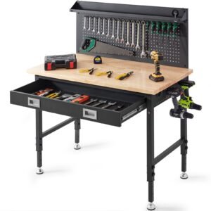 workbench adjustable height 28 39.5" work bench for garage oak plank & carbon steel heavy duty workbench 2000lbs weight capacity bench top size 48x24" hardwood workbench 3m cable 30 hooks