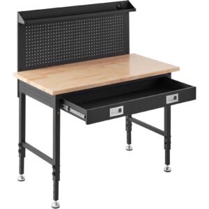 workbench adjustable height 28 39.5" work bench for garage oak plank & carbon steel heavy duty workbench 2000lbs weight capacity bench top size 48x24" hardwood workbench 3m cable 30 hooks
