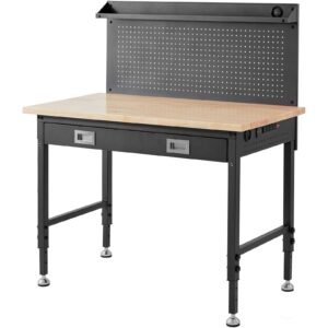 workbench adjustable height 28 39.5" work bench for garage oak plank & carbon steel heavy duty workbench 2000lbs weight capacity bench top size 48x24" hardwood workbench 3m cable 30 hooks