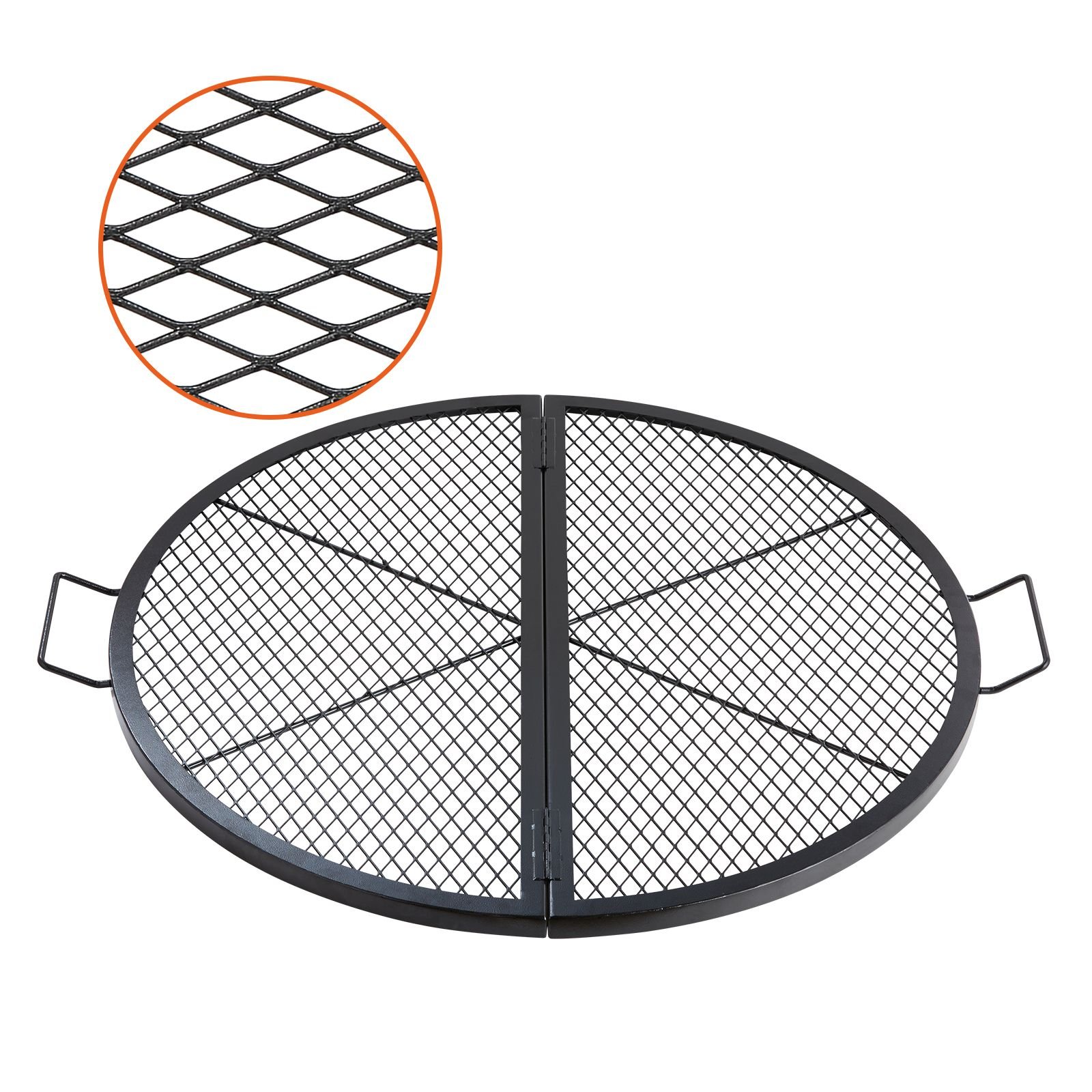 x marks fire pit grill grate, foldable round cooking grate, heavy duty steel campfire bbq grill grid with handle and support x wire, portable camping cookware for outside party, 36 inch black