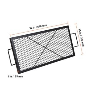 x marks fire pit grill grate, rectangle cooking grate, heavy duty steel campfire bbq grill grid with handle & support x wire, portable camping cookware for outside party gathering, 32 inch black