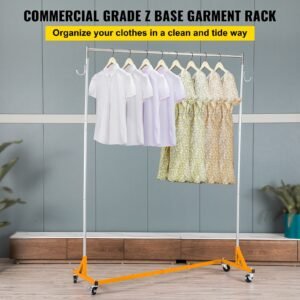 z rack, industrial grade z base garment rack, height adjustable rolling z garment rack, sturdy steel z base clothing rack with lockable casters, for home clothing store display orange (3 sets)